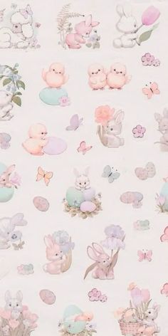 a white background with pink and blue stuffed animals on it's sides, all over the entire surface