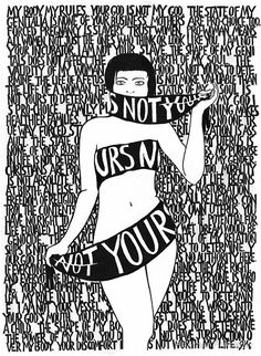 a black and white drawing of a woman with words all over her body