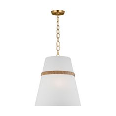 a light fixture with a white shade on the bottom and gold chain hanging from it