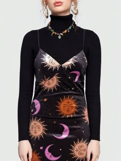 Astrologers Sun & Moon Print Cami Dress Astrology Inspired Outfits, Celestial Whimsigoth Outfit, Celestial Witch Outfit, Boho Witchy Outfits, Black Witch Outfit, Astrology Outfits, Celestial Aesthetic Clothes, Witchy Clothes Aesthetic, Whimsigoth Clothes