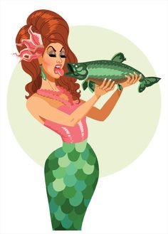 a woman holding a fish in her hand and wearing a pink dress with green polka dots