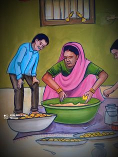 a painting of two people preparing food in a bowl and another man standing next to them