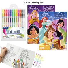 the disney princess coloring set is shown with markers and pencils for kids to color