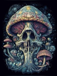 a skull with mushrooms on it's head in the middle of a black background