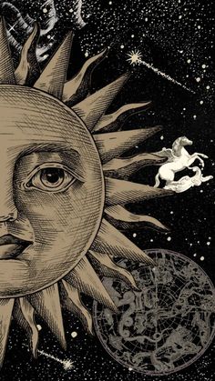 a drawing of the sun with two horses running in front of it and an image of a man's face