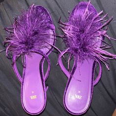 Never Worn Has Just Been Sitting In My Closet - Purchased For Vacation 2 Years Ago But Never Wore Them. Beautiful Velvet Purple Color Matching Colored Feathers Msg For Any Questions Price Is Firm Purple Flat Sandals For Party, Zara Flat Sandals For Party, Zara Purple Party Heels, Zara Purple Heels For Formal Occasions, Colored Feathers, Feather Heels, Velvet Purple, Coloured Feathers, 2024 Color