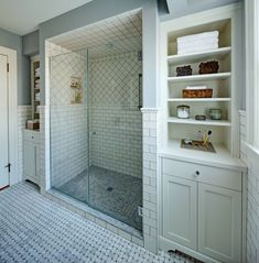 a walk in shower sitting inside of a bathroom