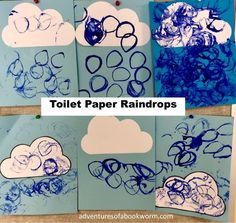 four blue and white paper pictures with the words toilet paper raindrops