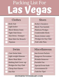 the packing list for las vegas in pink and white with text overlay that reads packing list for las vegas