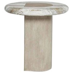 a round table with a wooden base and white paint on the top, sitting against a white background