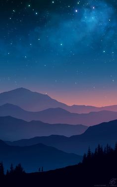 the night sky is filled with stars and mountains