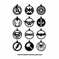 the avengers christmas ornament is shown in black and white, with different logos