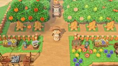 an animal crossing game is shown in the middle of a garden with lots of trees and flowers