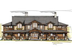 this is an artist's rendering of the front elevation of a log cabin house