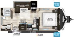 the floor plan for a travel trailer with two beds and an attached kitchen, dining area and