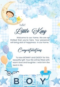 a baby boy congratulations card with an image of a baby on the moon and stars