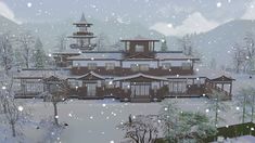 a snow scene with a large building and trees in the foreground, surrounded by snowy mountains