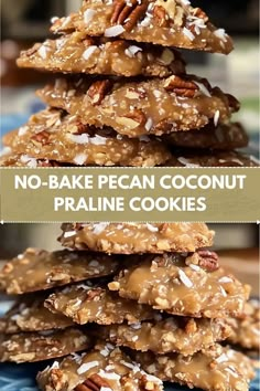 no - bake pecan coconut pretzel cookies stacked on top of each other