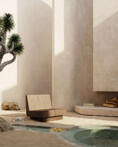 a bonsai tree in the corner of a room next to a jacuzzi tub