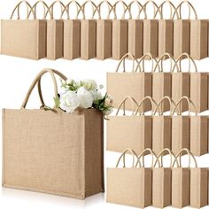 PRICES MAY VARY. Cotton,Jute What You'll Get: You'll receive a total of 24 jute bags with handles measuring 15.35 x 12.2 x 5.91 inches, plenty of course for your daily needs and replacement needs, and you can store extras for future use, pay attention to see if the size meets your needs before purchasing Trustworthy and Serviceable: our grocery tote bag is mainly made of quality jute with cotton stuffed handle, soft enough for you to hold, and the inner part has adopted waterproof PE film materi Signs Made From Gift Bags, Welcome Gifts For Beach Wedding, Wedding Gifts For Bridemaids, Cricut Wedding Welcome Bags, Items For Welcome Bags Guest Gifts, Guest Basket Wedding, Destination Wedding Gifts For Guests Welcome Bags, Wholesale Gift Shop Suppliers, Destination Wedding Gift Bags