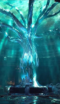 a large tree in the middle of a room filled with water and light rays coming from it