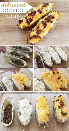 several pictures of different types of food on a cutting board with cheese and other toppings