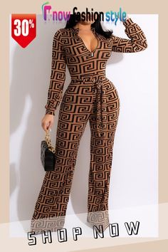 Brown Fashion Casual Print Split Joint Zipper Collar Straight Jumpsuits Trendy Brown Long Sleeve Jumpsuits And Rompers, Brown Jumpsuit For Fall Party, Chic Brown Jumpsuits And Rompers For Party, Brown V-neck Jumpsuits And Rompers For Party, Trendy Brown Jumpsuits And Rompers For Night Out, Trendy Brown Jumpsuit For Night Out, Chic Brown Long Sleeve Jumpsuit And Romper, Chic Brown Long Sleeve Jumpsuit, Mark Brown