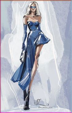 a drawing of a woman in a blue dress and high heels with her hand on her hip