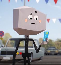 a cartoon character holding a box in his hand