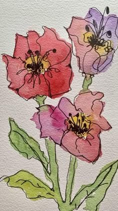 three flowers are painted in watercolor on paper