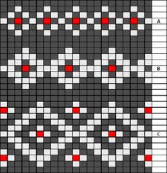 a cross stitch pattern with red dots on black and white squares, which are arranged in rows