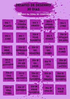 a purple poster with the words desafo de desenho 30 dias