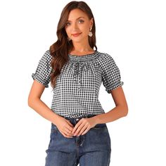 The feminine summer shirt is versatile to match with jeans or skirts for a casual chic look. Vintage gingham plaid print and puff short sleeves bring you a classic and elegant look, a sweet piece for both casual and office wear. The trendy summer blouse featuring an elastic neck can be worn as a crew neck as well as off-shoulder, giving you a unique and fashionable style to upgrade your wardrobe. Summer Gingham, Vintage Gingham, Feminine Summer, Peter Pan Collar Shirt, Cap Sleeves Blouse, Ruffle Fabric, Ruffle Sleeve Blouse, Summer Blouse, Plaid Blouse