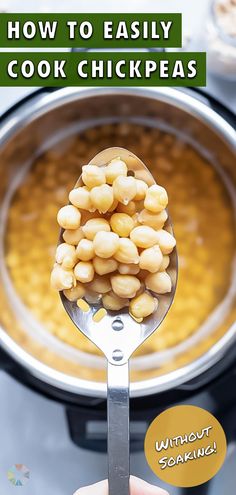 a person holding a spoon with chickpeas on it in front of an instant pressure cooker