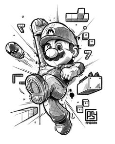 an ink drawing of mario running through the air with his arms in the air and other objects around him