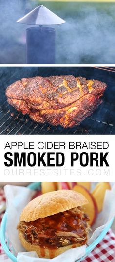 an apple cider braised smoked pork sandwich on the grill with text overlay