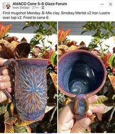 two photos of someone holding a coffee mug in their left hand and another photo of the same cup