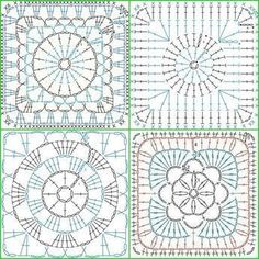 four square crochet patterns, each with different designs