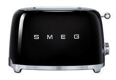 the smeg toaster is black and silver