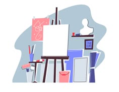 an artist's easel surrounded by art supplies