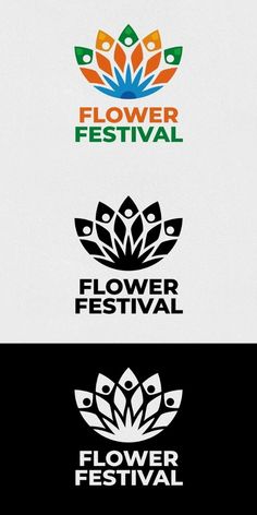 the flower festival logo is shown in three different colors and font styles, including black, white