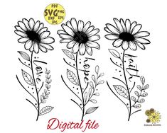 three flowers with the words digital file printed on each flower, one is black and white