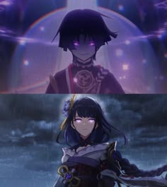 two anime characters standing in the rain, one with purple eyes and another with black hair