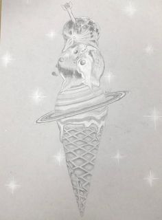 a drawing of an ice cream cone with a dog in it's head on top