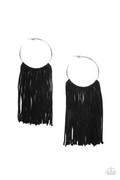 A curtain of black cords stream from the center of a dainty silver hoop, creating a glamorous fringe. Earring attaches to a standard post fitting. Hoop measures approximately 1 3/4" in diameter. Sold as one pair of hoop earrings. Trendy Fringe, Fringe Earring, Black Hoops Earrings, Colorful Frames, Pink Peacock, Paparazzi Accessories, Black Fringe, Black Feathers, White Rhinestone