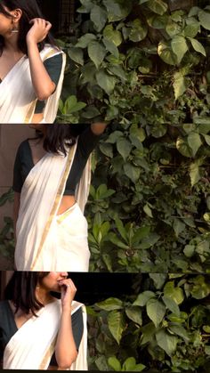 two pictures of a woman in a white and black sari with her hands on her hips