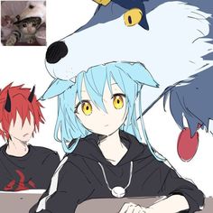 two anime characters sitting next to each other in front of a wolf and cat head