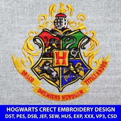 the hogwarts crest embroidery design is shown on a gray background with yellow and red accents