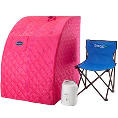 a pink portable shower and blue folding chair next to an electric heater on a white background