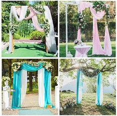 four different pictures of an outdoor wedding ceremony with blue and pink draping, white table cloths, and flowers